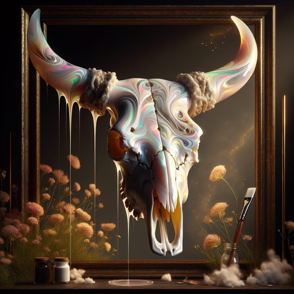 Surreal Glass Bull Skull in Dystopian Garden