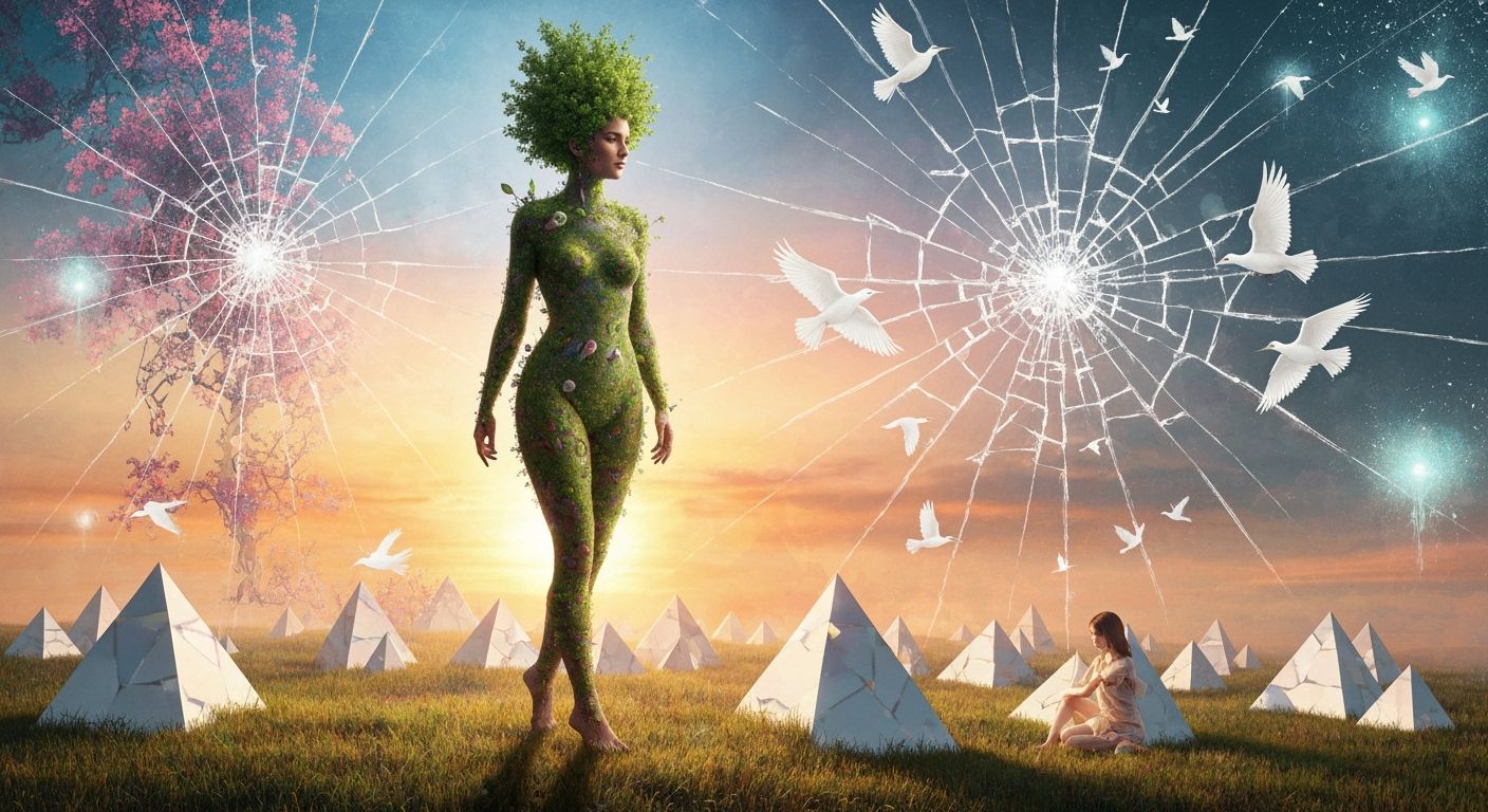 Woman of Light and Nature Walks on Crystal Pyramids at Sunse...