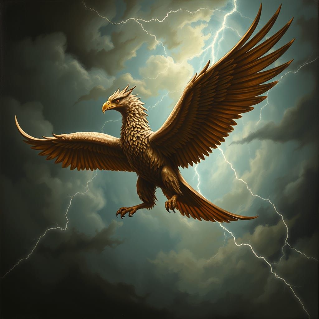 Majestic Griffin in Turbulent Storm, Classic Oil Painting St...