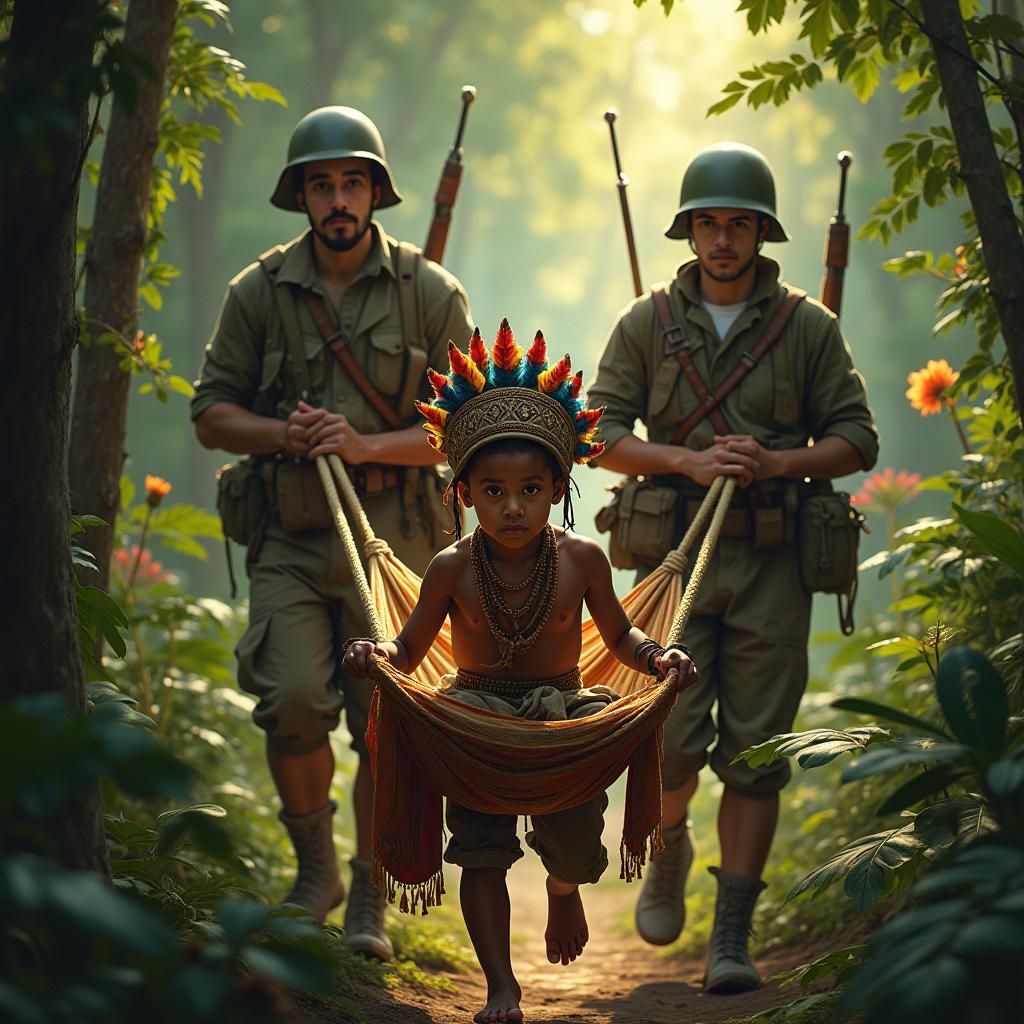 French Soldiers Carry Boy Through Forest, Matte Painting