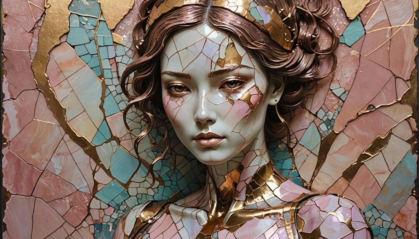 Abstract Patina Woman with Kintsugi, Opalescent Background