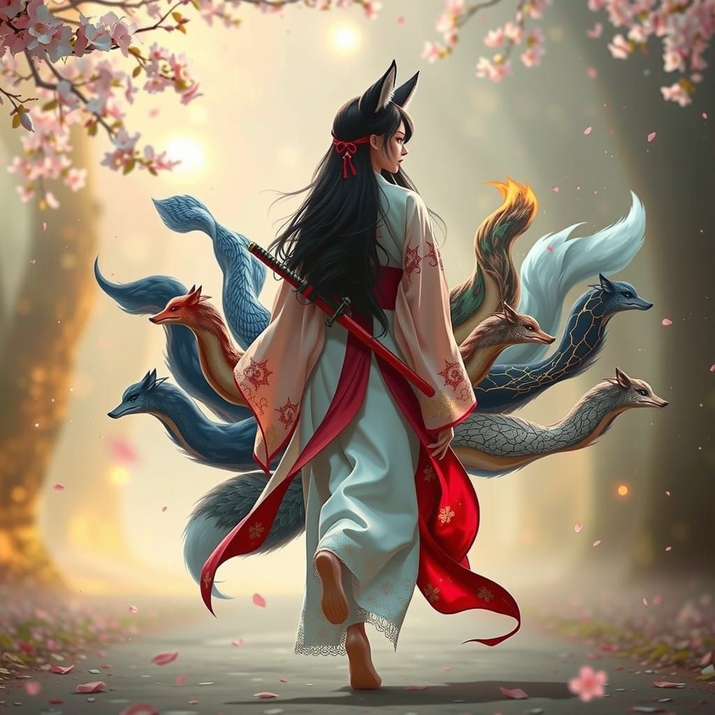 Mystical Kitsune in Exquisite Kimono, Cherry Blossom Forest,...