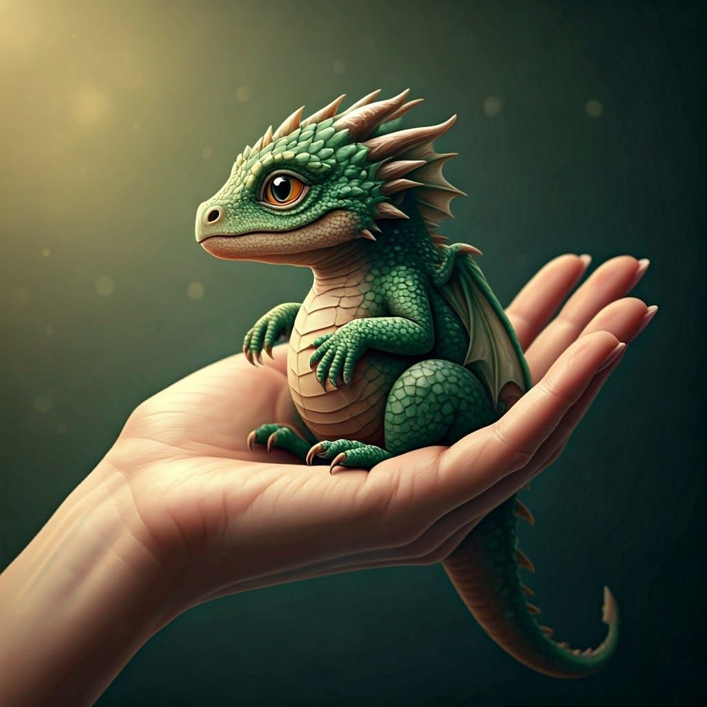 Loving Hand Cradles Adorable Baby Green Dragon