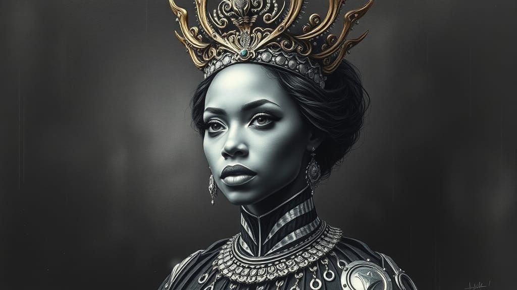 Futuristic African Queen in Charcoal and Ink