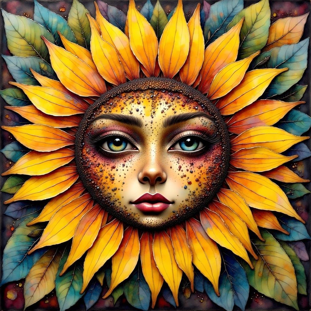 Ink Poet's Vision of a Sunflower Face in Nature's Patterns