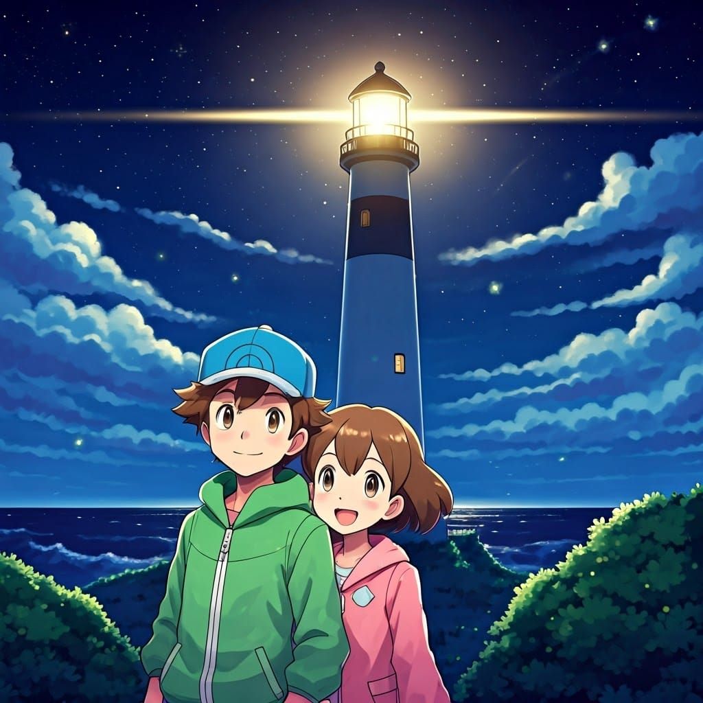 Pokémon Trainer and Sister Visit Lighthouse in Ghibli Style