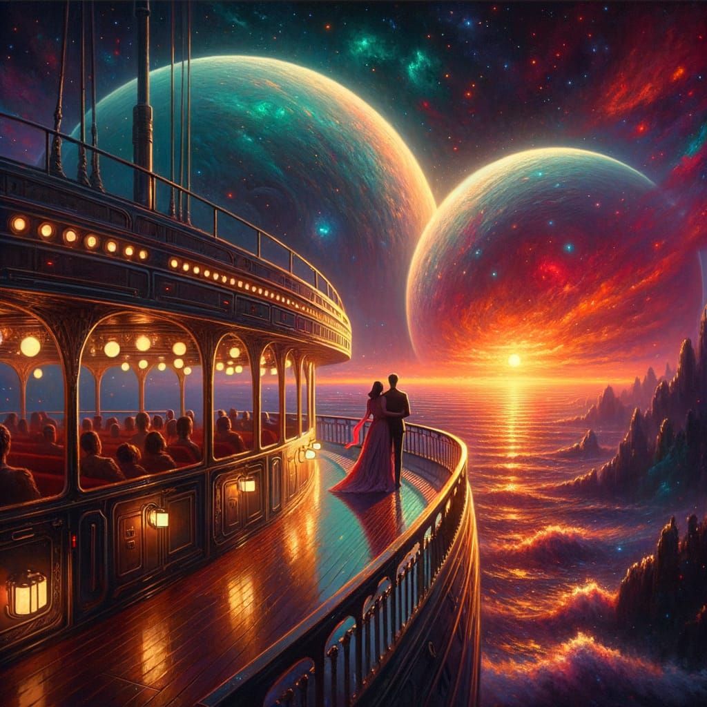 Romantic Starship Journey Under Dual Alien Sunsets