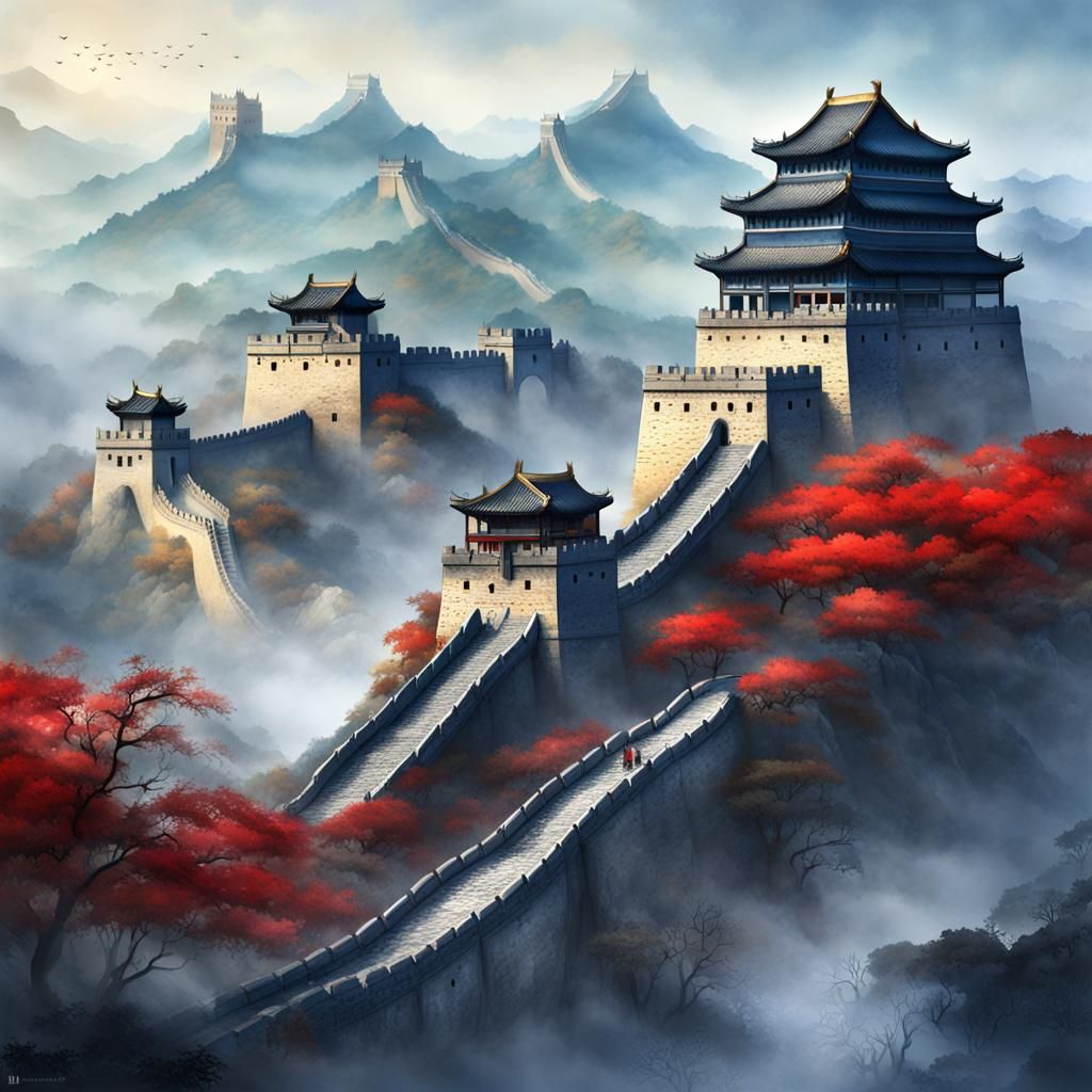Great Wall of China: Misty Watercolor Painting