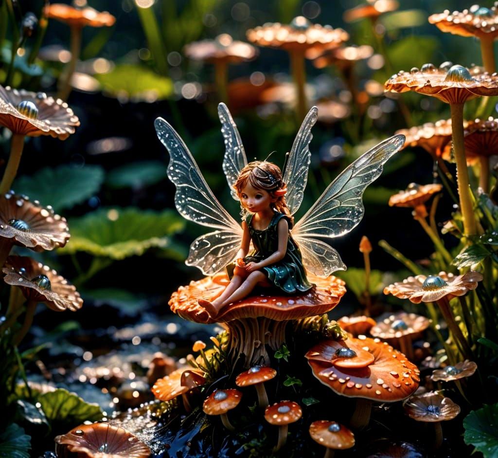 Macro Photograph of a Fairy on a Mushroom