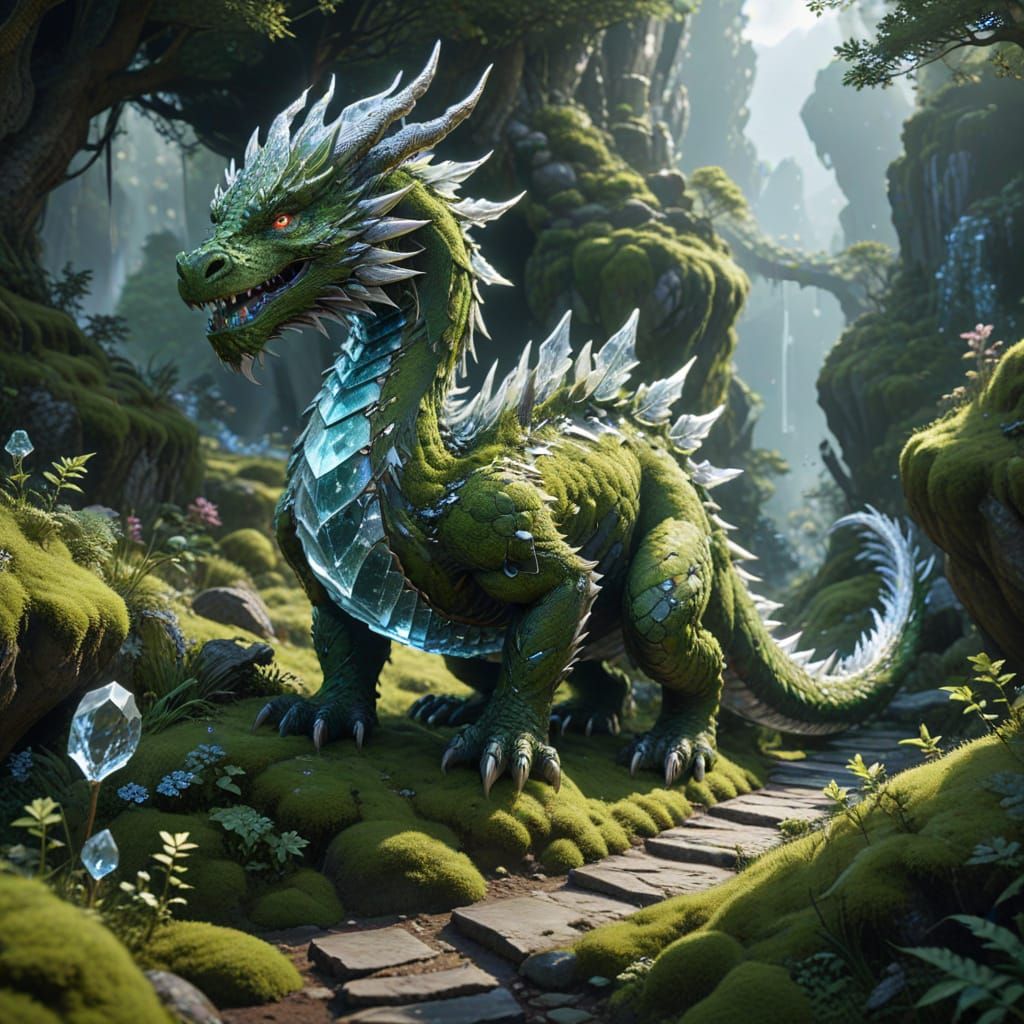 Crystal Dragon Amidst Mossy Hills in Epic Anime Style