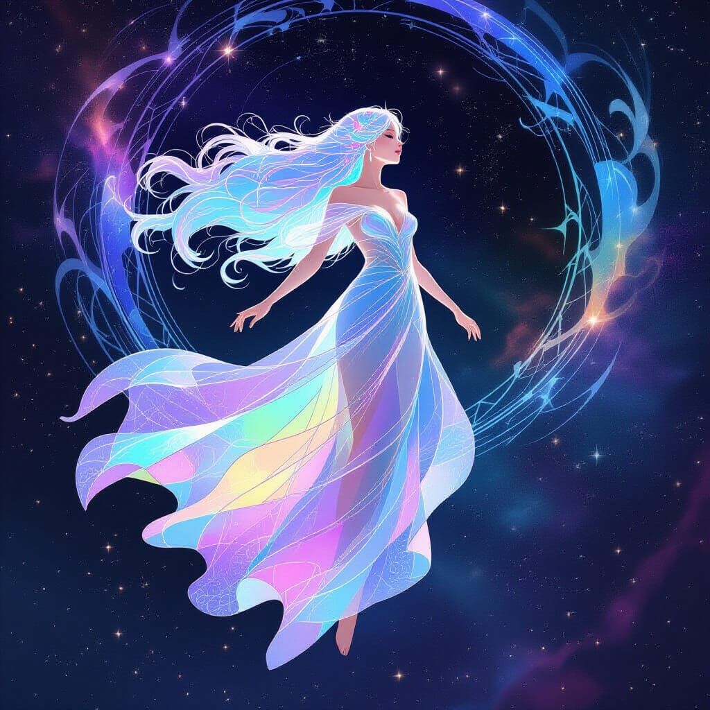 Ethereal Woman in Cosmic Void, Art Nouveau Style
