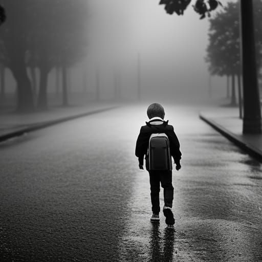Gloomy Morning: Young Man's Walk to School