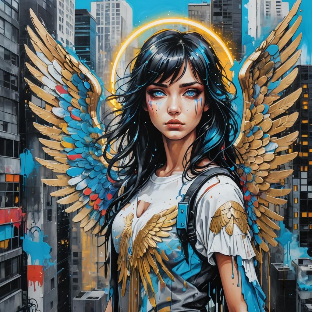 Cyberpunk Guardian Angel Graffiti Art in Neon Cityscape
