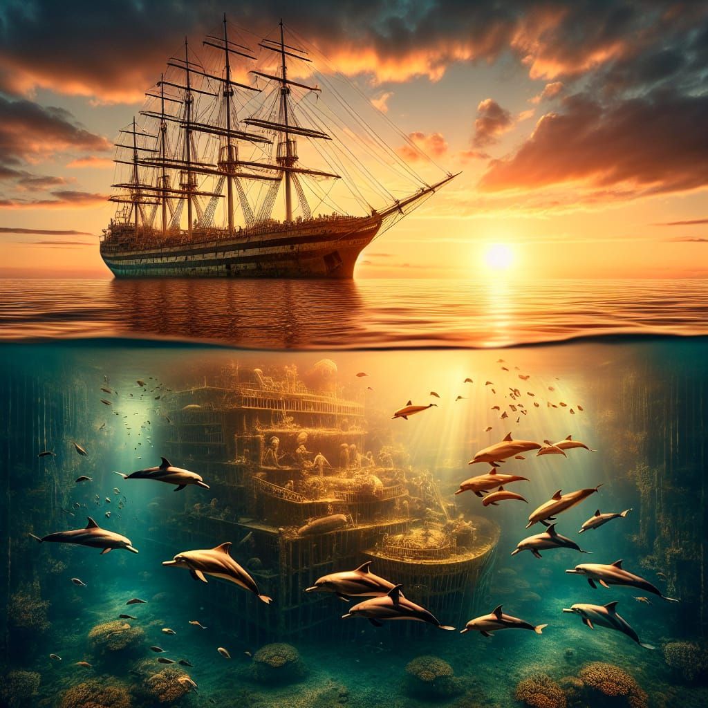 Vast Oceanic World with Sunset Ship and Leaping Dolphins