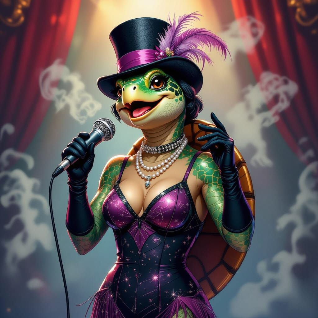 Turtle Cabaret Singer in Flapper Dress, Bold Colors
