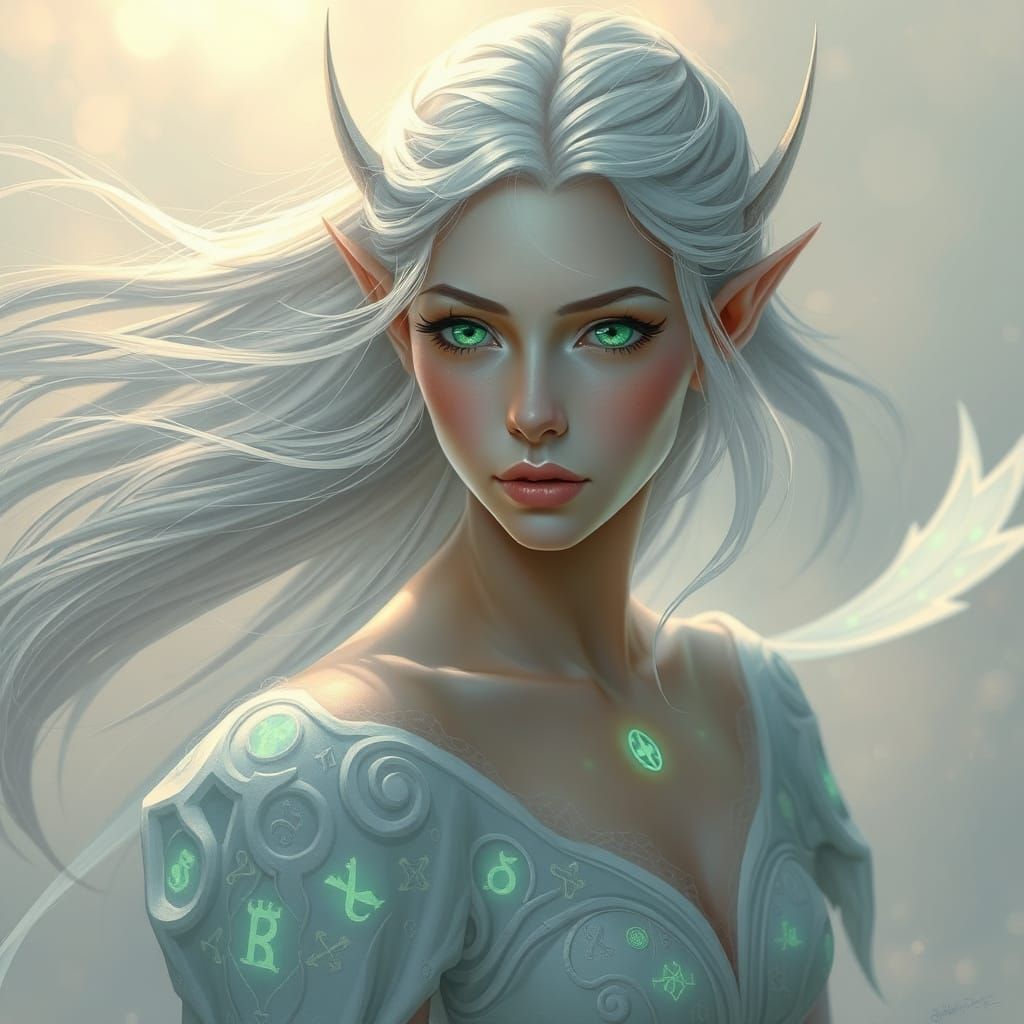 Imagine a hyperrealistic portrait of a beautiful, elven woma...
