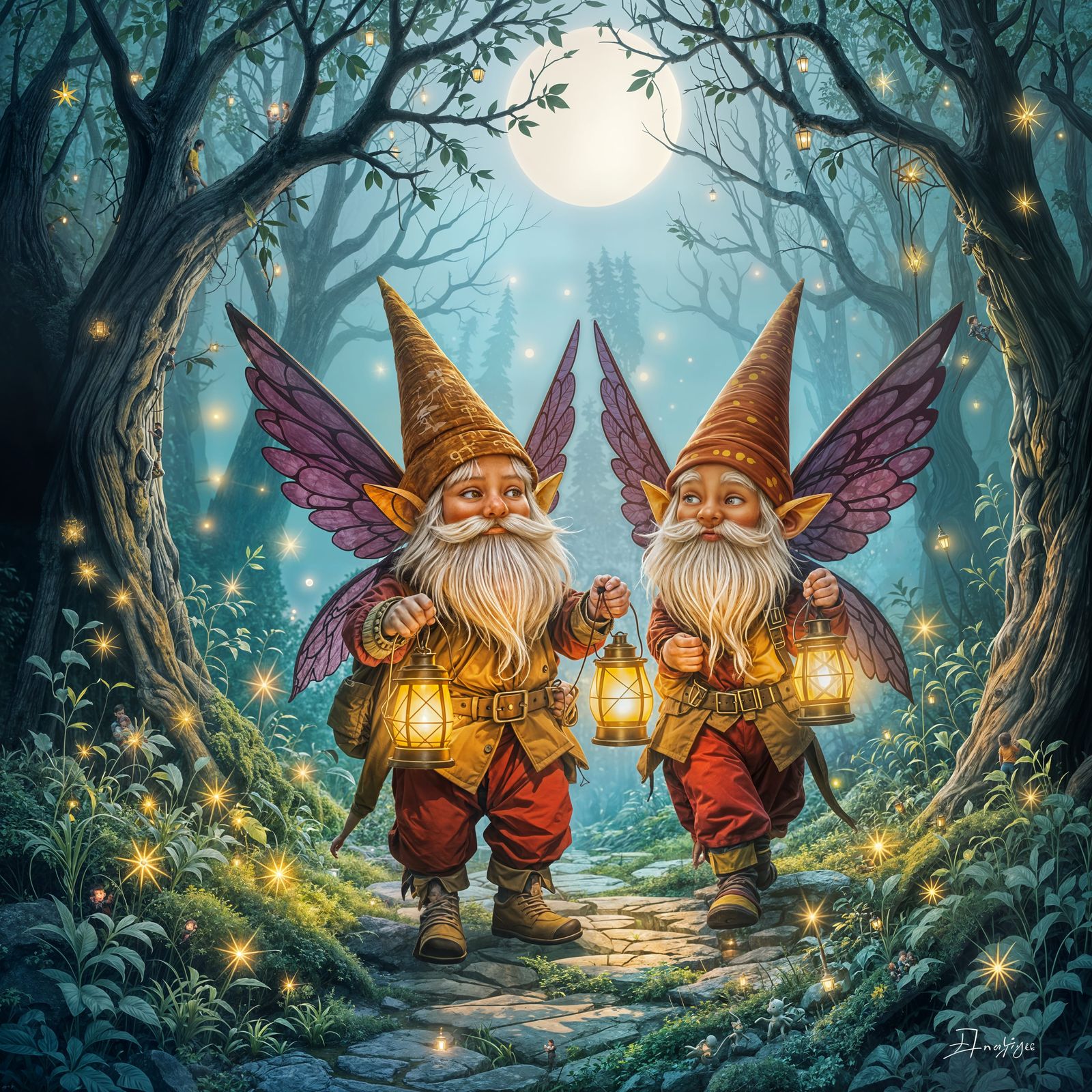 Lantern Bearers in Moonlit Enchanted Forest
