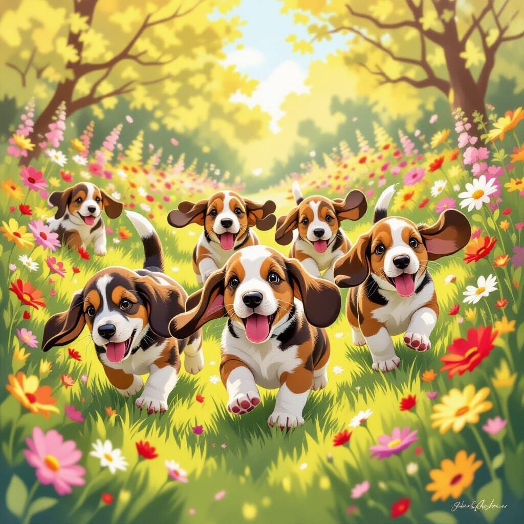 Joyful Basset Hound Puppies in a Spring Garden
