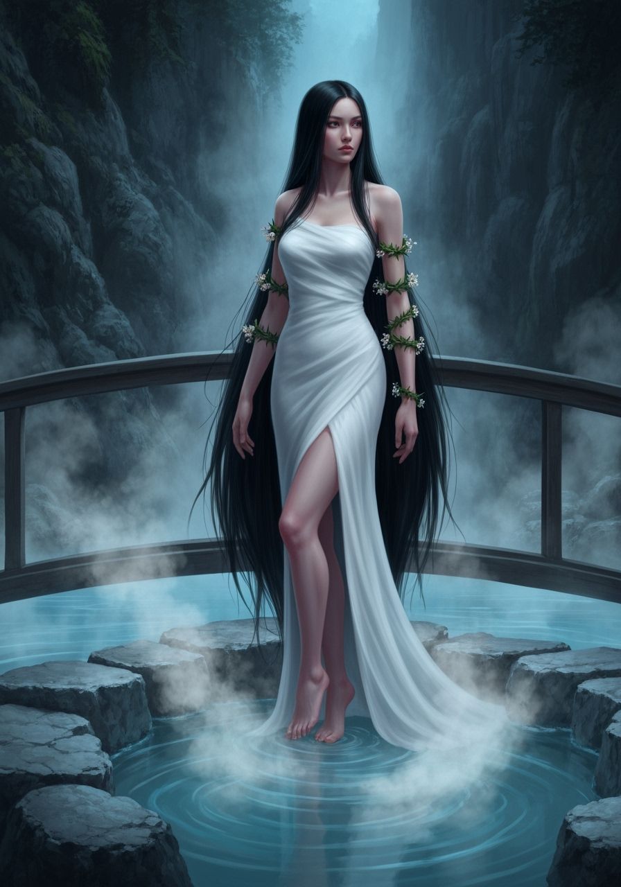 Ethereal Nymph on Misty Bridge Over Hot Springs