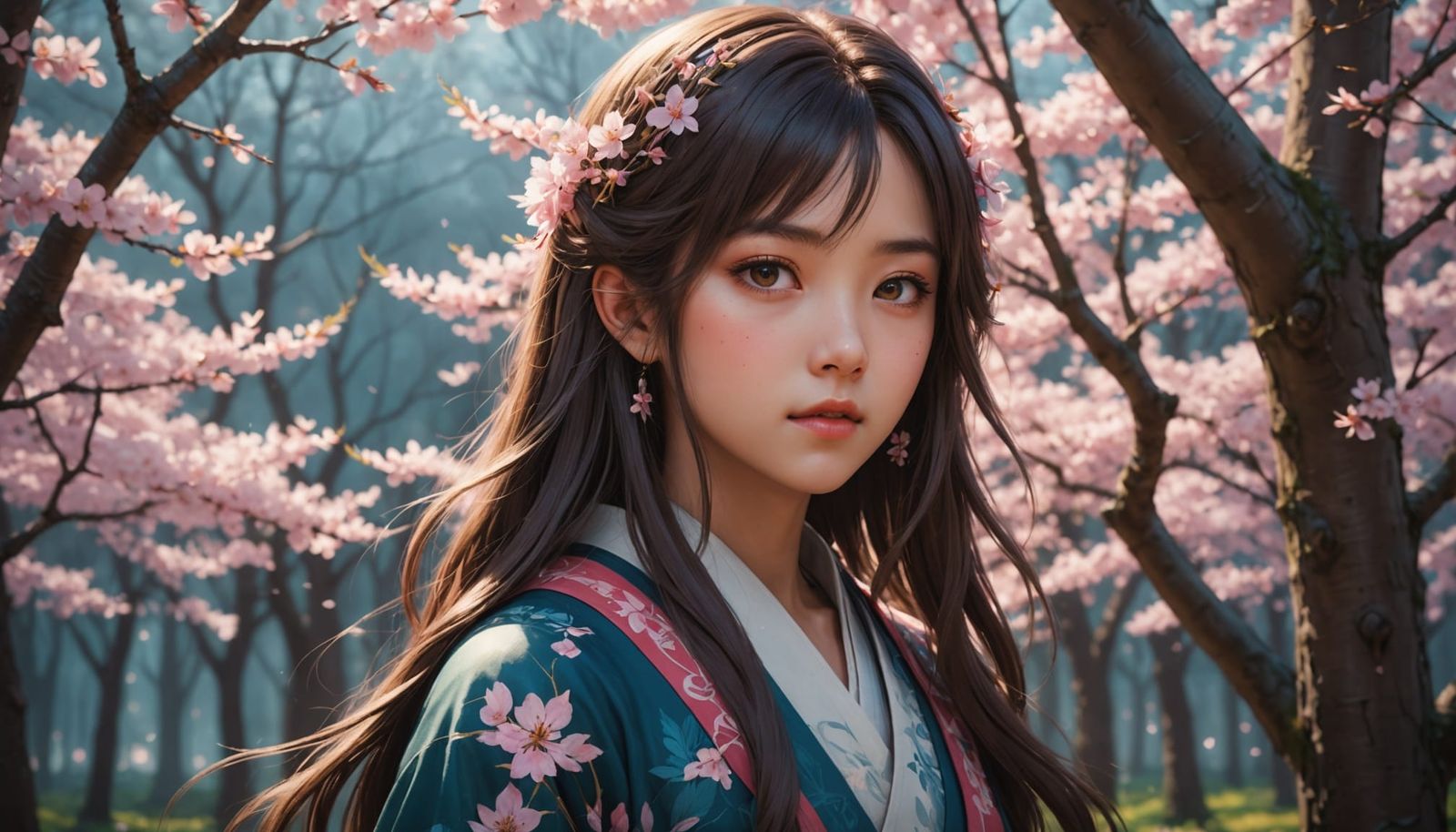 Serene Japanese Anime Goddess in Vibrant Cherry Blossom Fore...