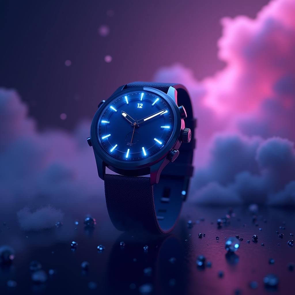 Electric Blue Smartwatch against Nebula, Digital Matte Paint...