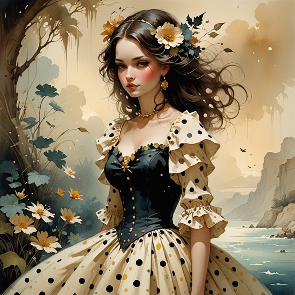 Woman in Polka Dot Dress in Surrealist Style