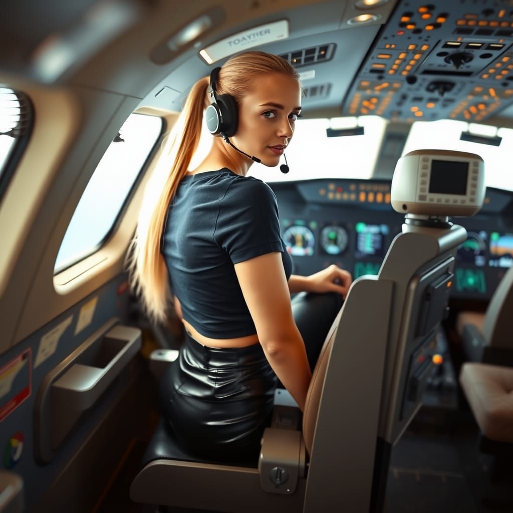 Female Pilot in 747 Cockpit Ready for Takeoff