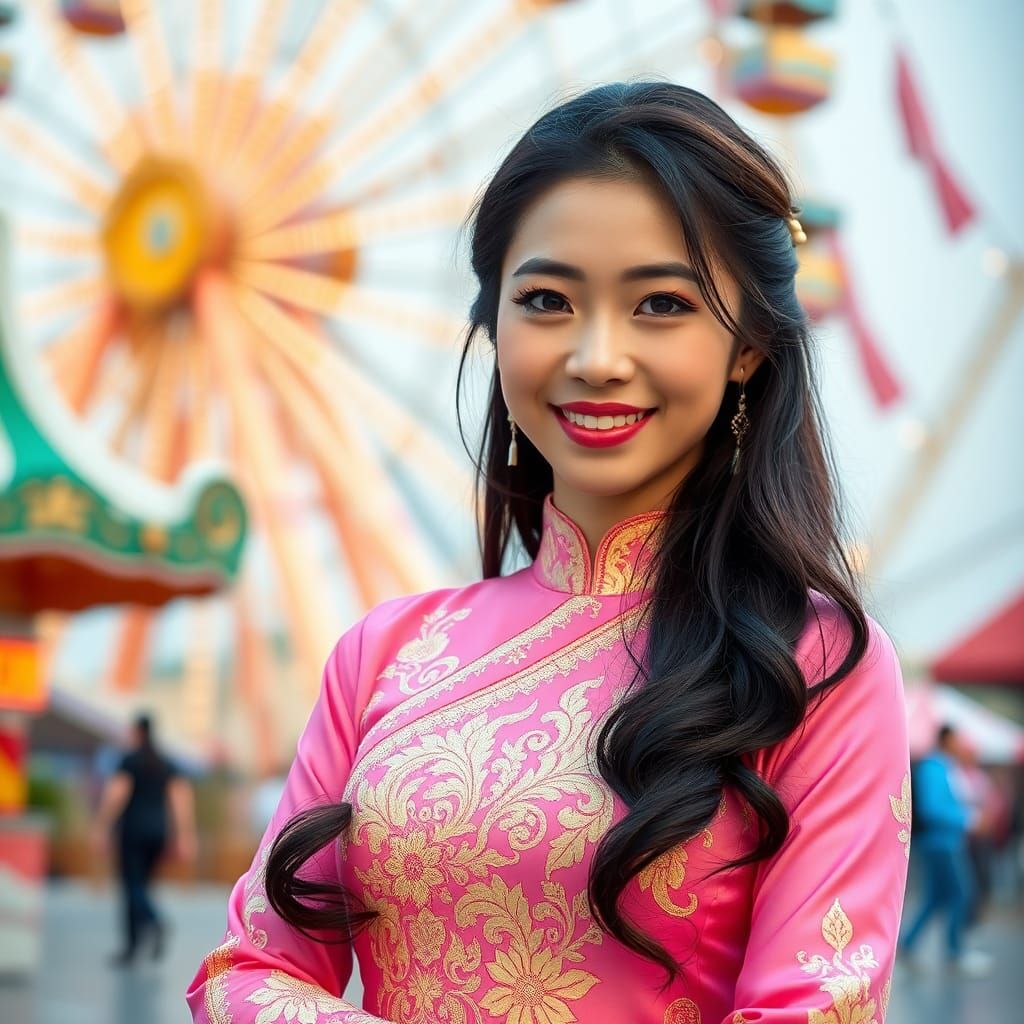 Chinese Woman in Thai Dress at Amusement Park