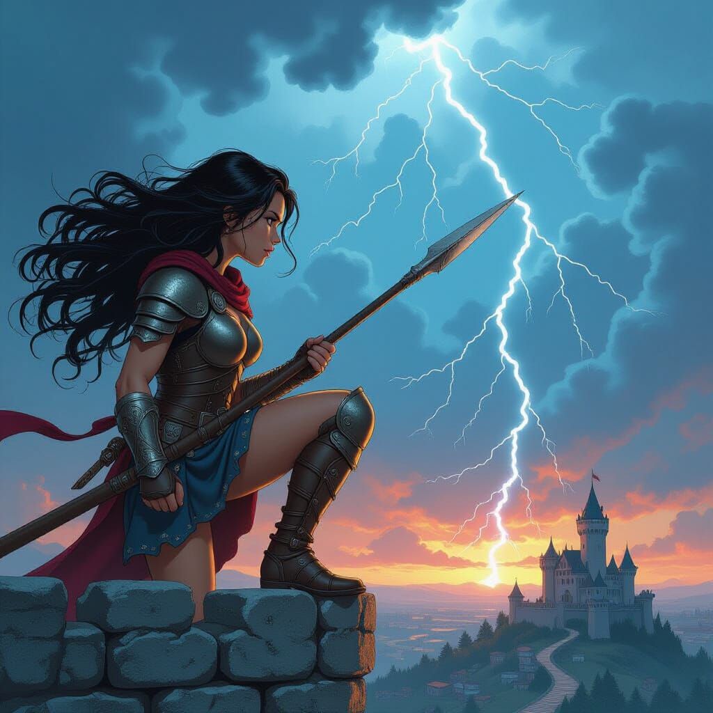 Worried Warrior Girl Gaze at Approaching Storm
