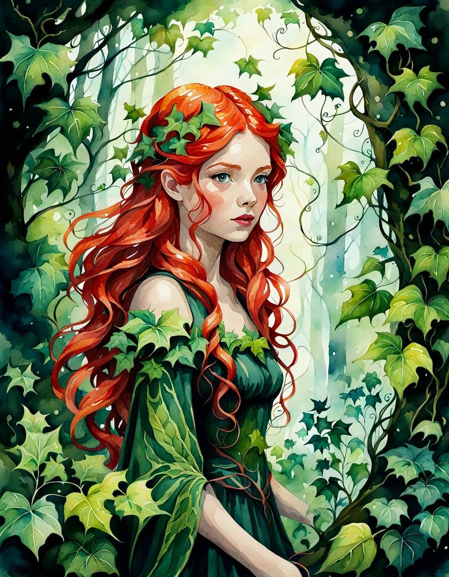 Redhead Fairy in Moody Forest, Watercolor Style