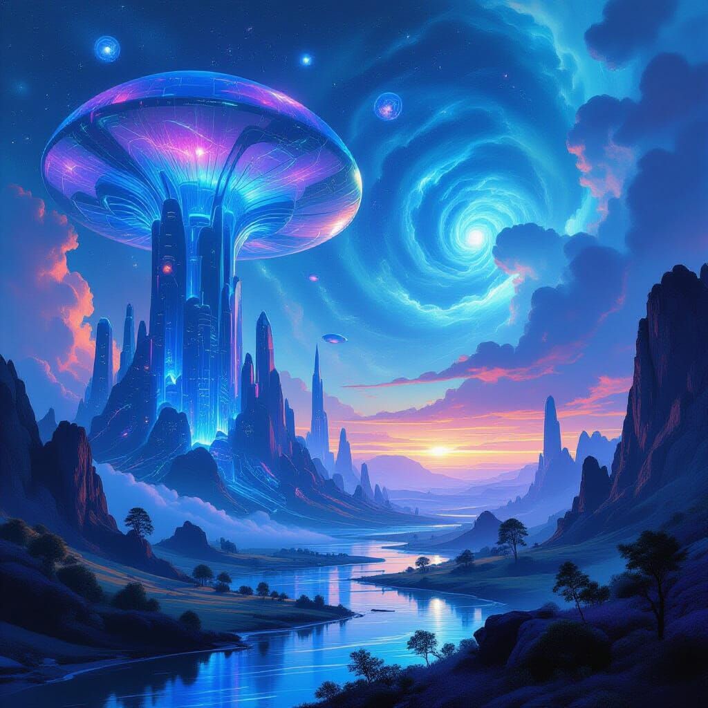 Surreal Sci-Fi Landscape with Bioluminescent Flora