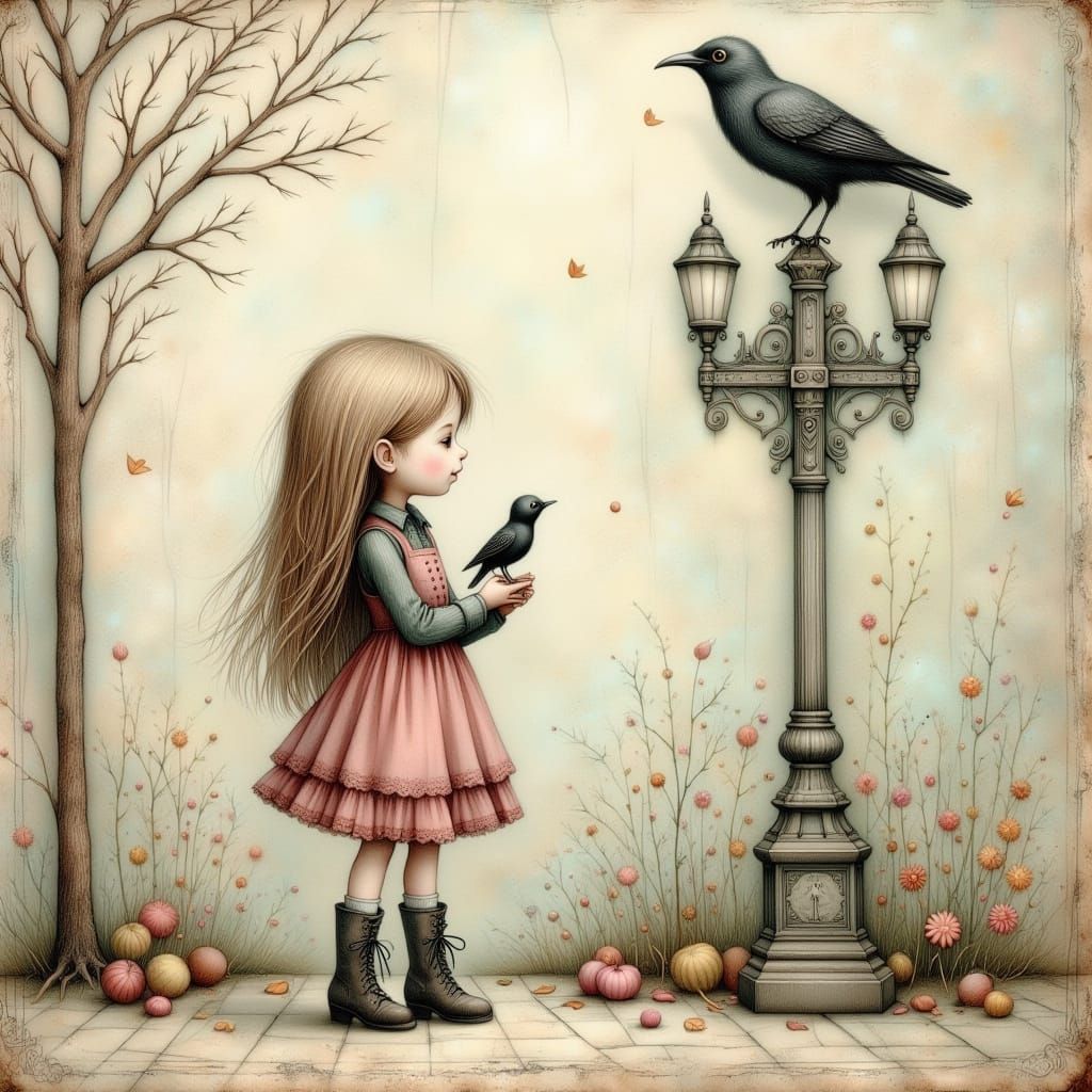 Ethereal Girl with Bird in Autumnal Setting