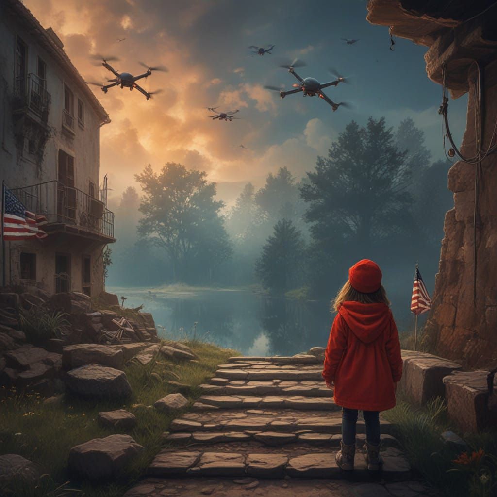 Young Girl Watching US Drones Over the Homeland