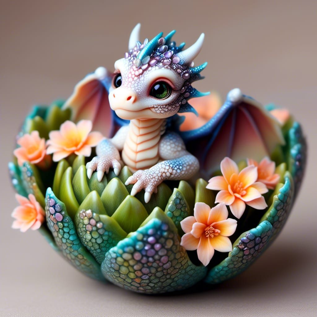Dragon Hatchling Curled in Flower