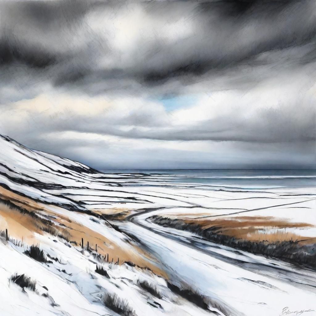 Snowy Scottish Coast in Charcoal and Pastel Style