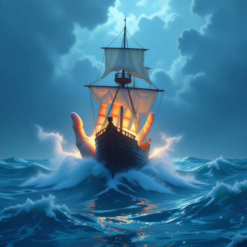 Divine Hand Rescues Ship from Stormy Seas Concept Art