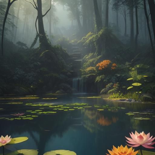 Serene Lotus and Lily Lake Scene Matte Painting