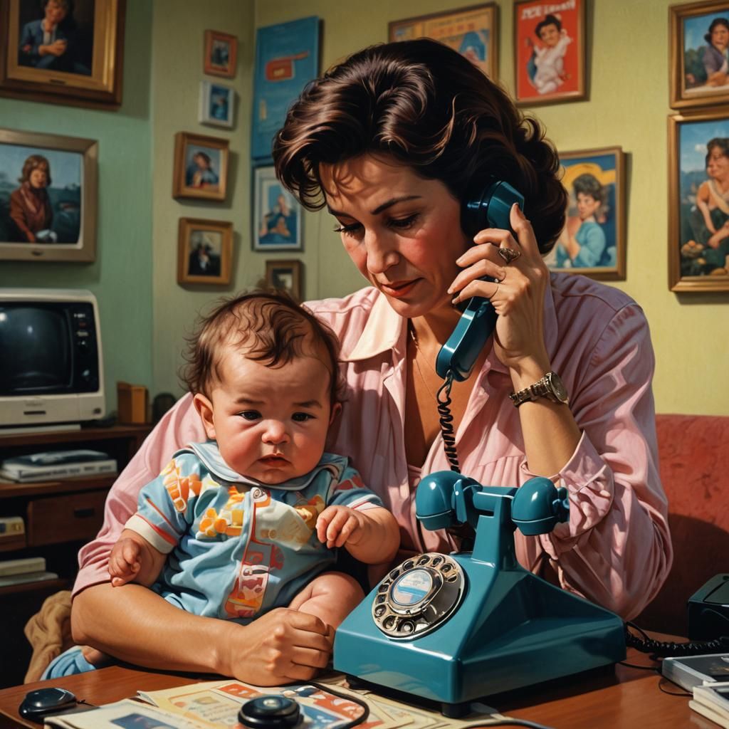 Mother and Child with Rotary Phone in 1980s Style
