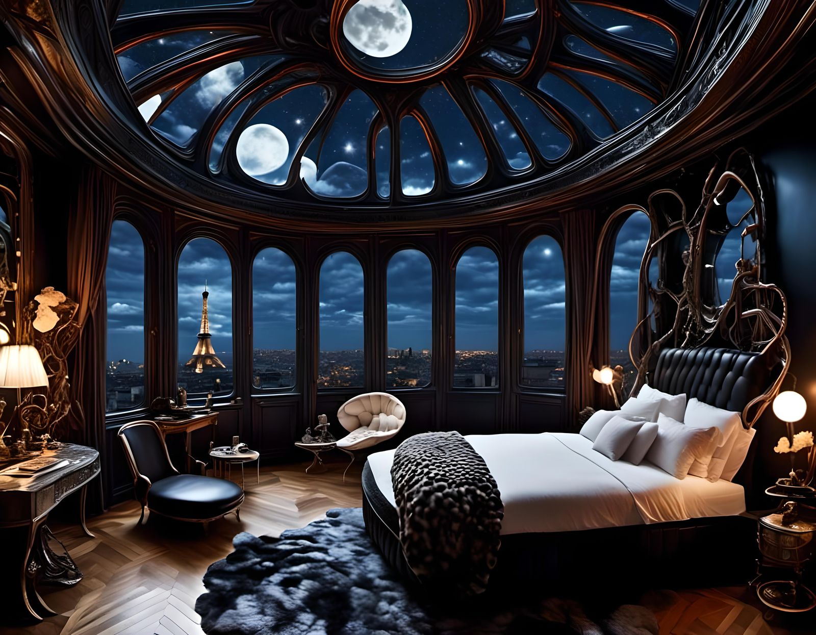 Modern Bedroom Overlooking Paris at Night
