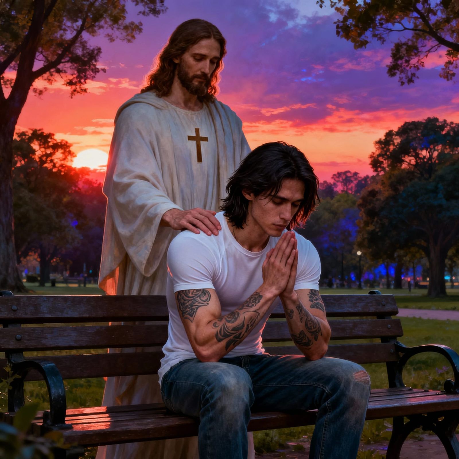 Young Man Praying at Sunset, Detailed Matte Painting Style