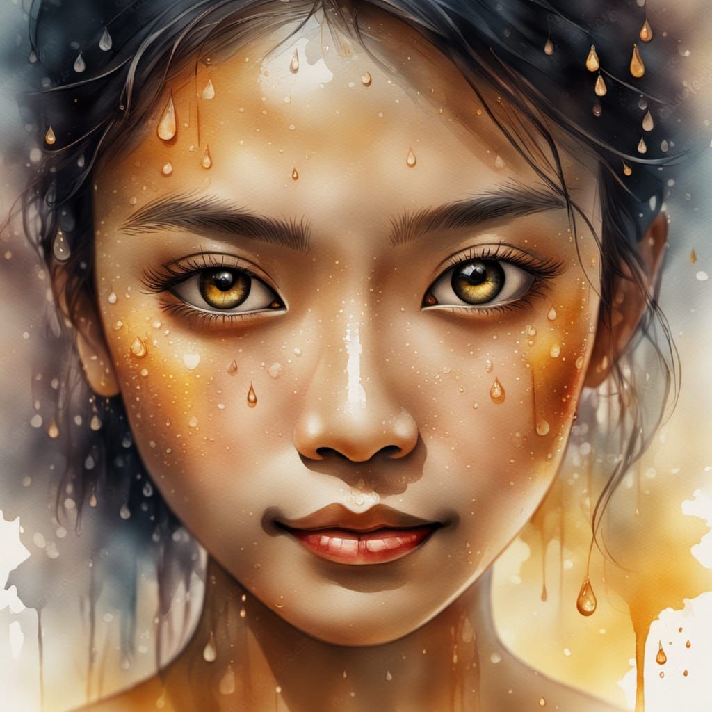 Thai Woman in Watercolor with Water Droplets
