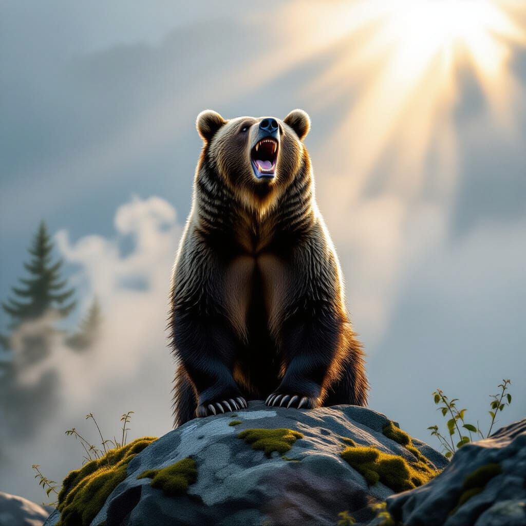 Grizzly Bear Roaring in Misty Landscape