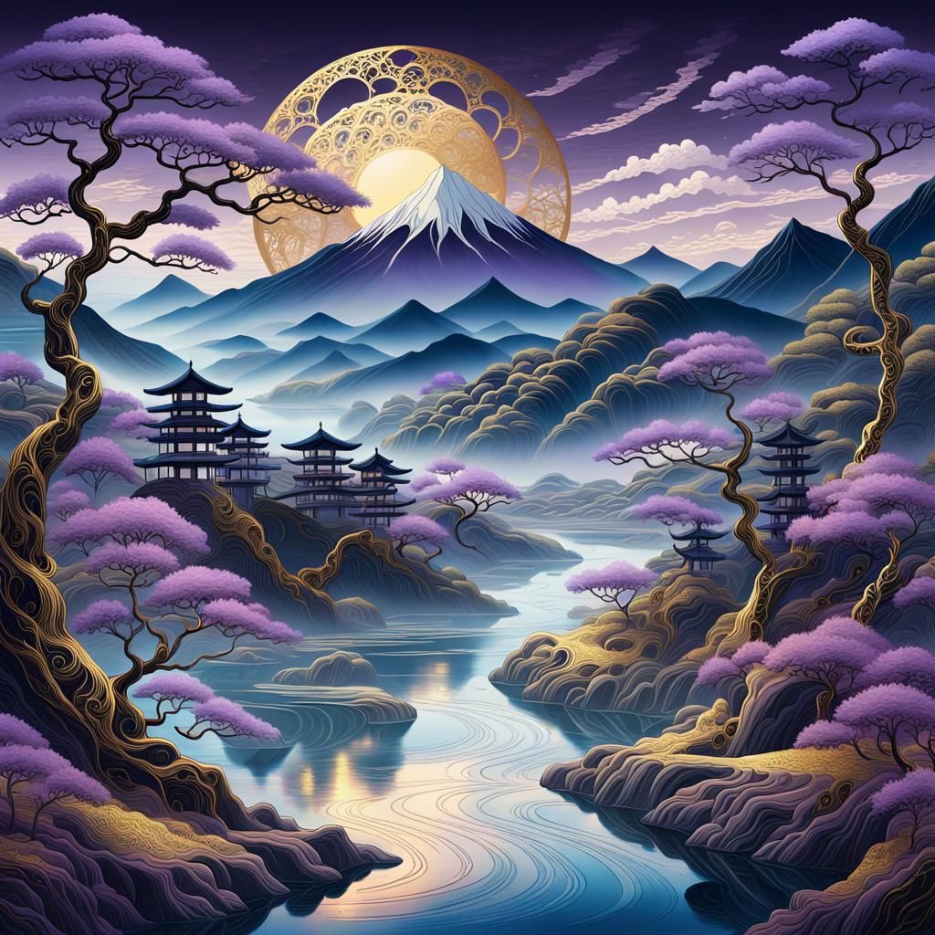 Ethereal Japanese Panorama with Fractal Clouds and Iridium R...