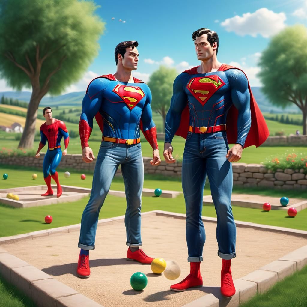 Superman and Spiderman in jeans and t-shirt playing bocce in...