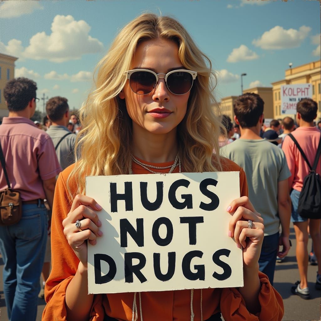 Hippie at Peace March with Hugs Not Drugs Sign
