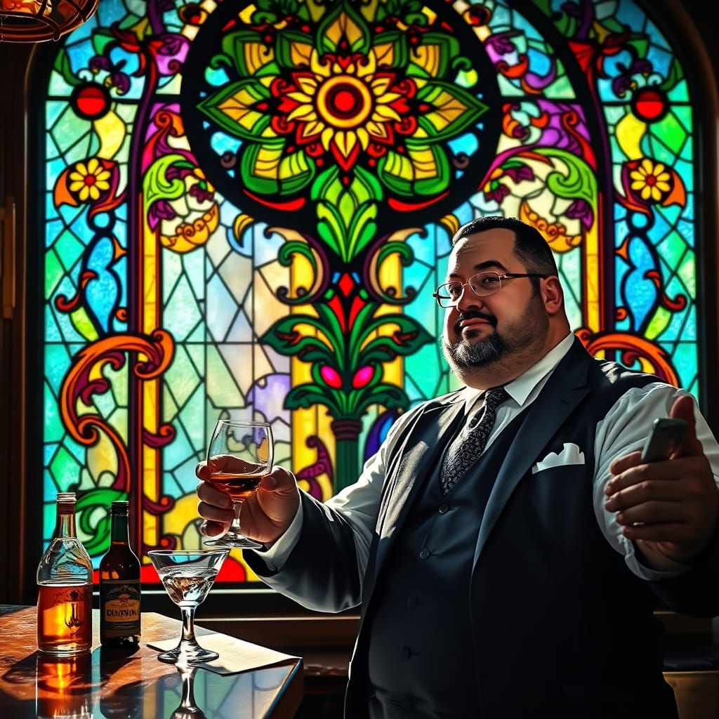 1920s Bartender Beneath Art Nouveau Stained Glass