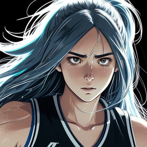 Anime Woman Dribbling Basketball at Night