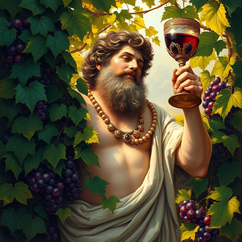 God of Wine Savoring Vintage in a Mediterranean Vineyard