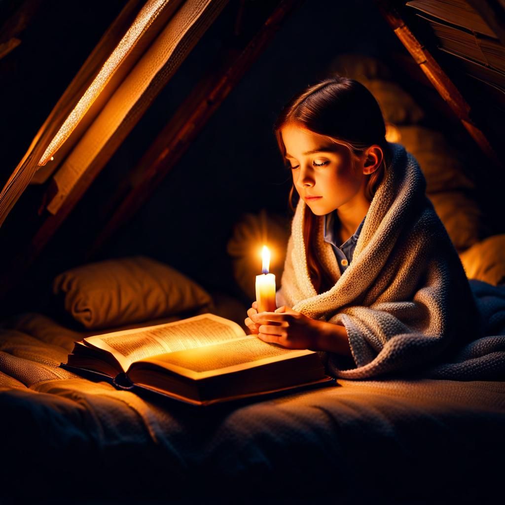 Girl Reading Book with Mystical Mist and Glitter
