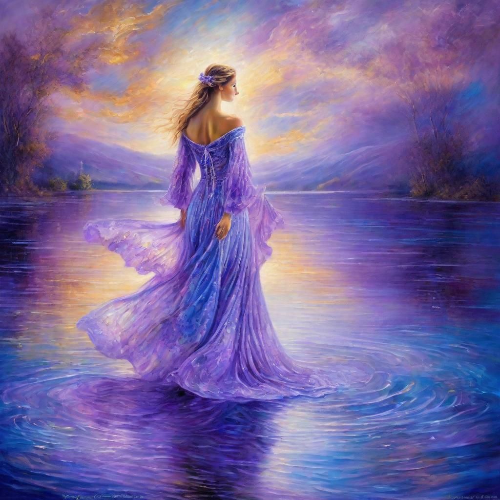 Lady on Glass Lake in Neo-Impressionism Style